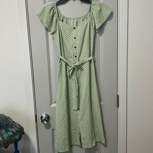Mint green and white pokadot tie waist dress